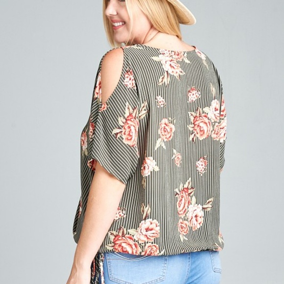 Olive Striped/Floral Surplice Blouse - Picture 4 of 4